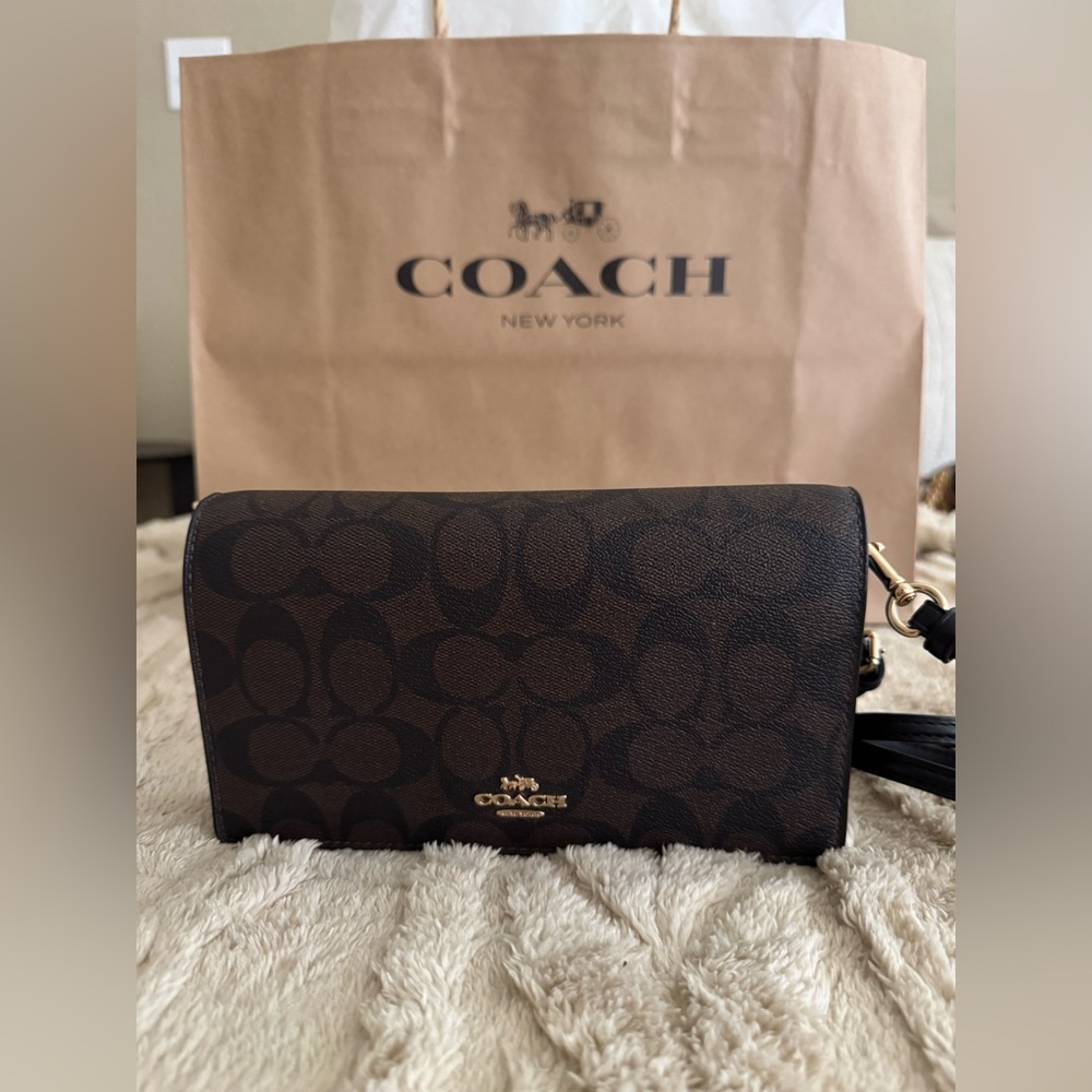 Coach Dark Brown Signature Clutch on Chian